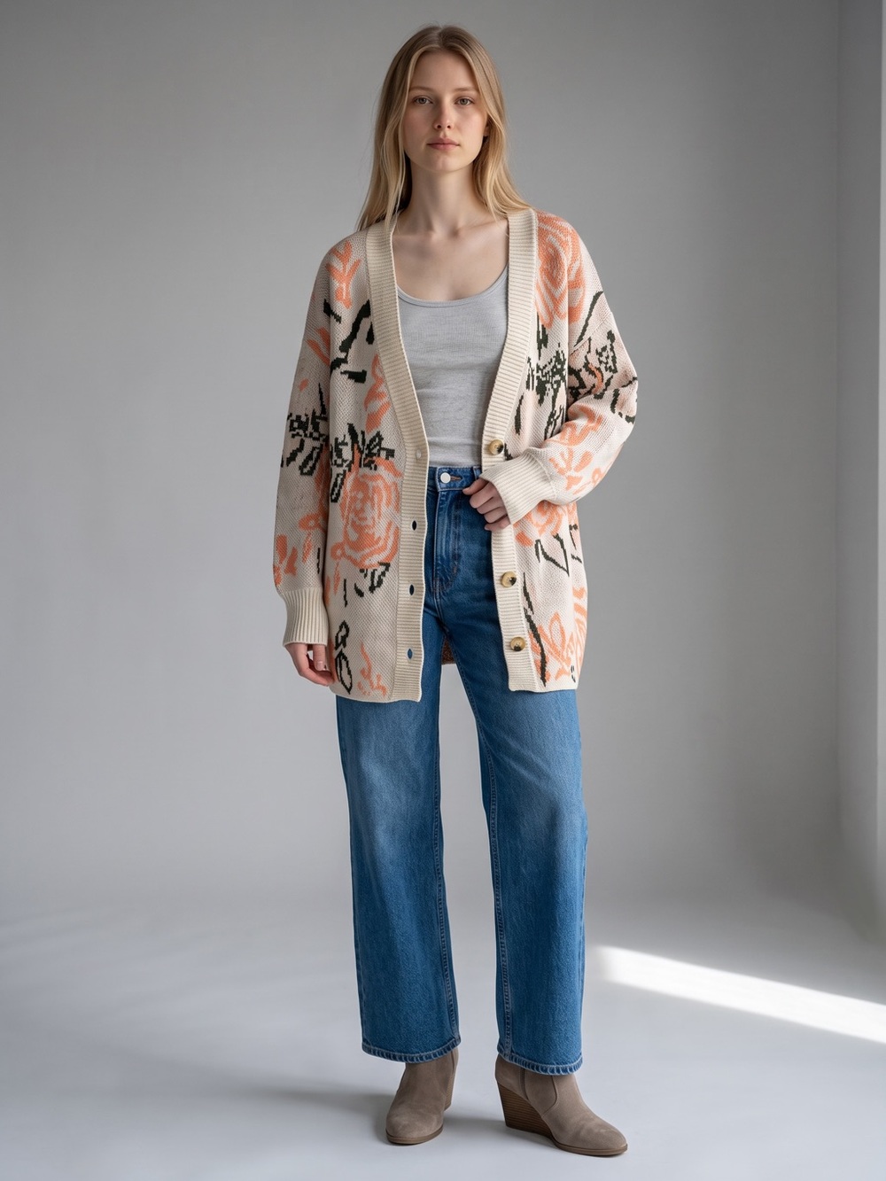 Floral Oversized Button-Front Cardigan Sweater - Cream/Pink